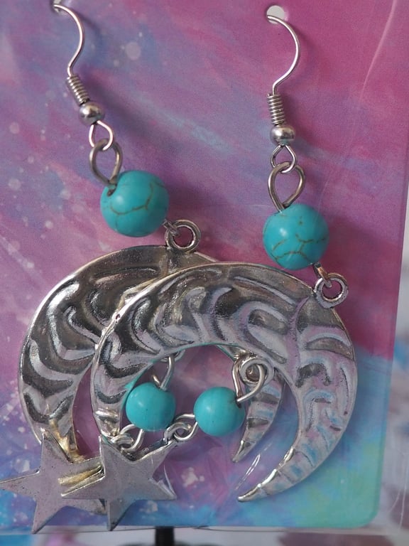 Large Turquoise Beaded Dangle Earrings with Star Charms