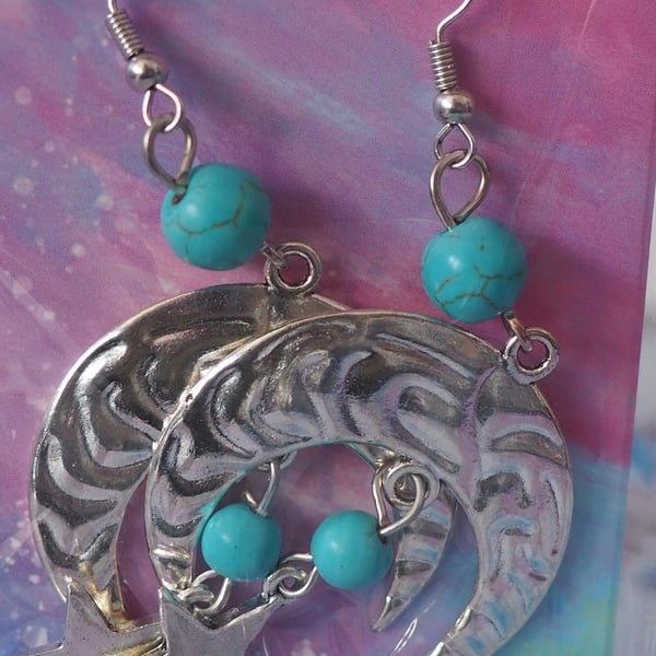 Large Turquoise Beaded Dangle Earrings with Star Charms