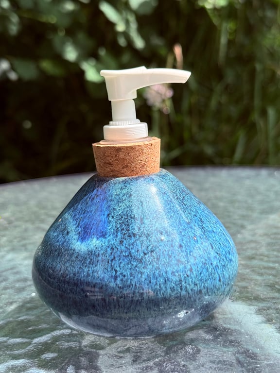 Hand thrown stoneware soap dispenser with pump. Beautiful speckled blue glaze
