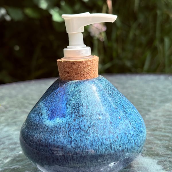 Hand thrown stoneware soap dispenser with pump. Beautiful speckled blue glaze