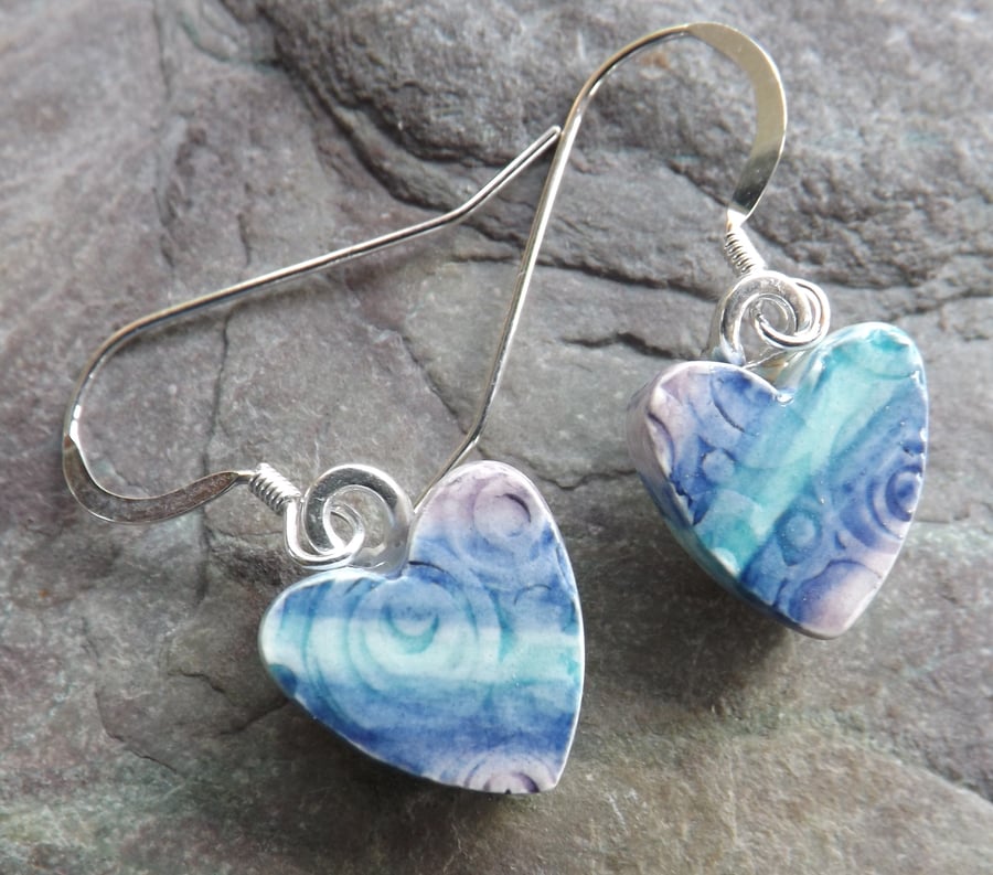 Handmade Heart-shaped ceramic drop earrings in turquoise blue and purple