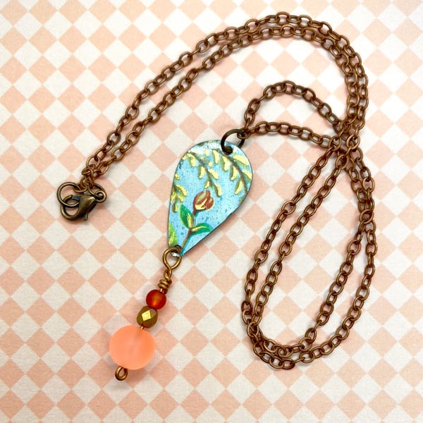Recycled vintage tin floral coral pendulum beaded pendant necklace