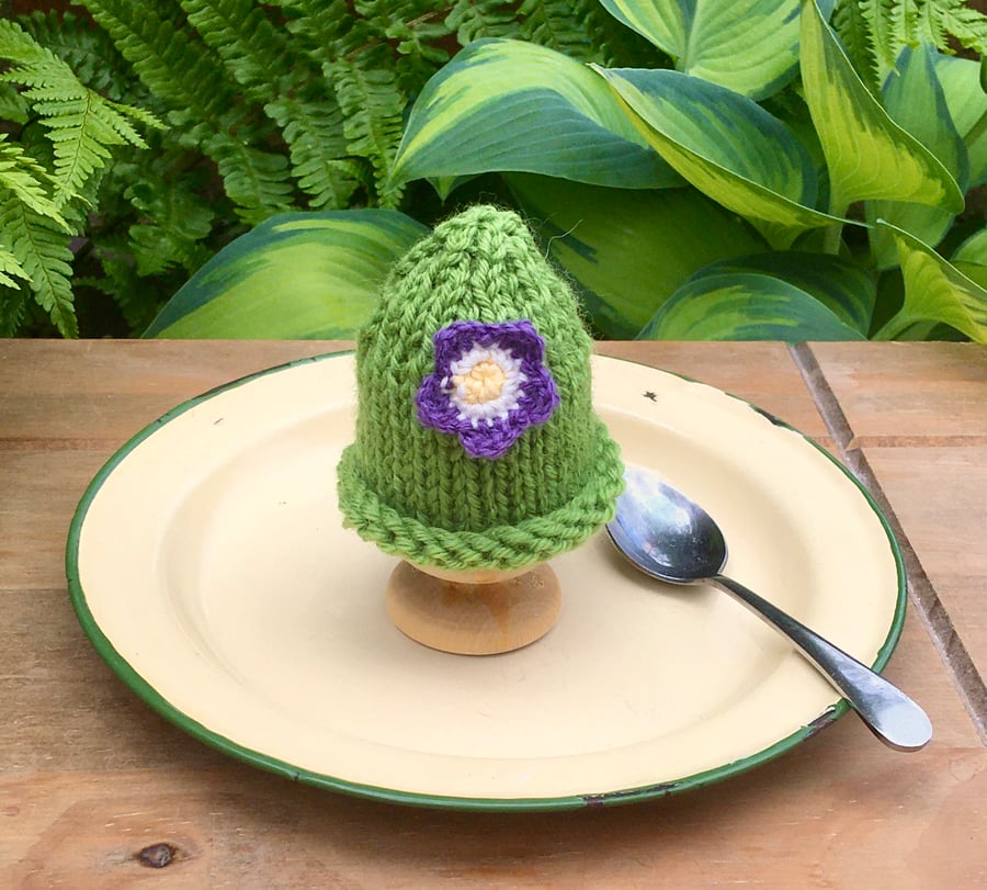 SALE - Lime Green Egg Cosy With Purple Flower, Hand Knitted Egg Cozy