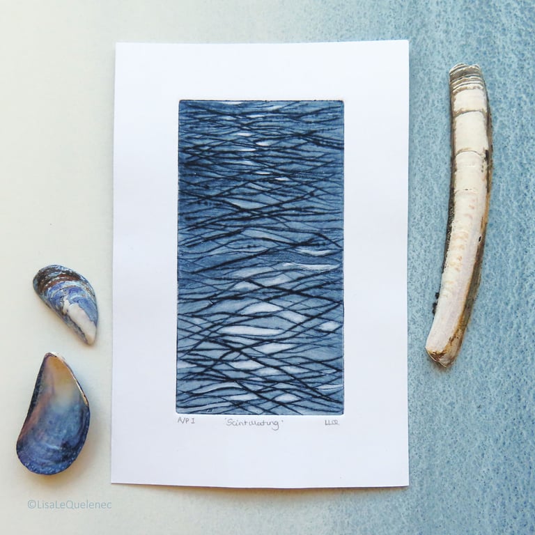 Scintillating proof print original drypoint coastal art wave beach shore sea