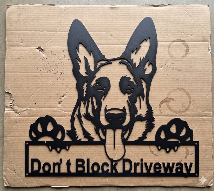 Handmade German Shepherd Metal Driveway Sign – 25x25cm "Don't Block Driveway" 