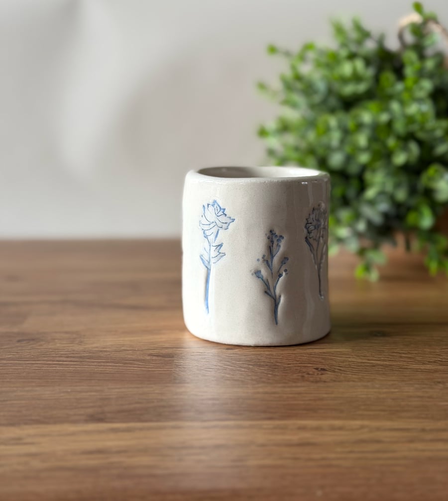 Stoneware Vase with Stamped Blue Flowers – Small Ceramic Vase