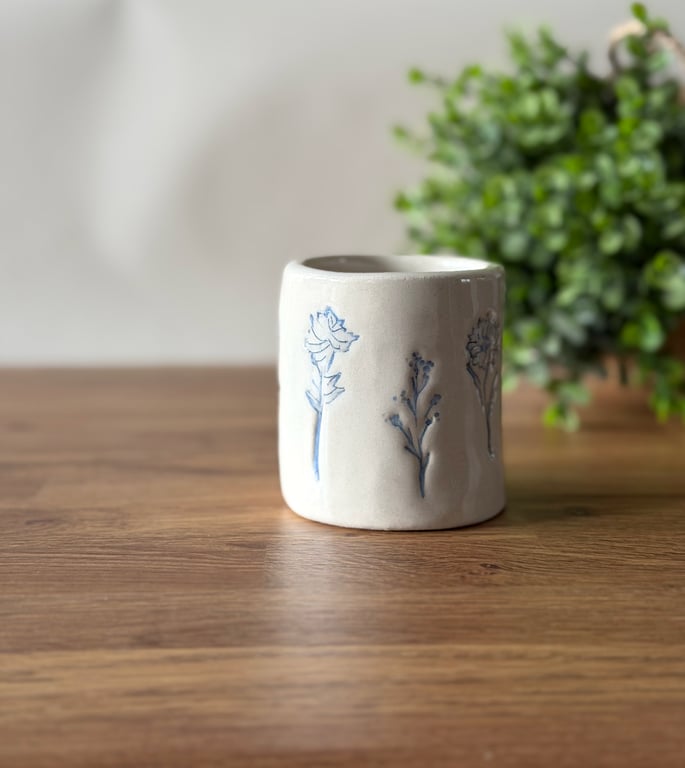 Stoneware Vase with Stamped Blue Flowers – Small Ceramic Vase