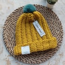 Crochet Pom Pom Hat Mustard Petrol Blue Pom