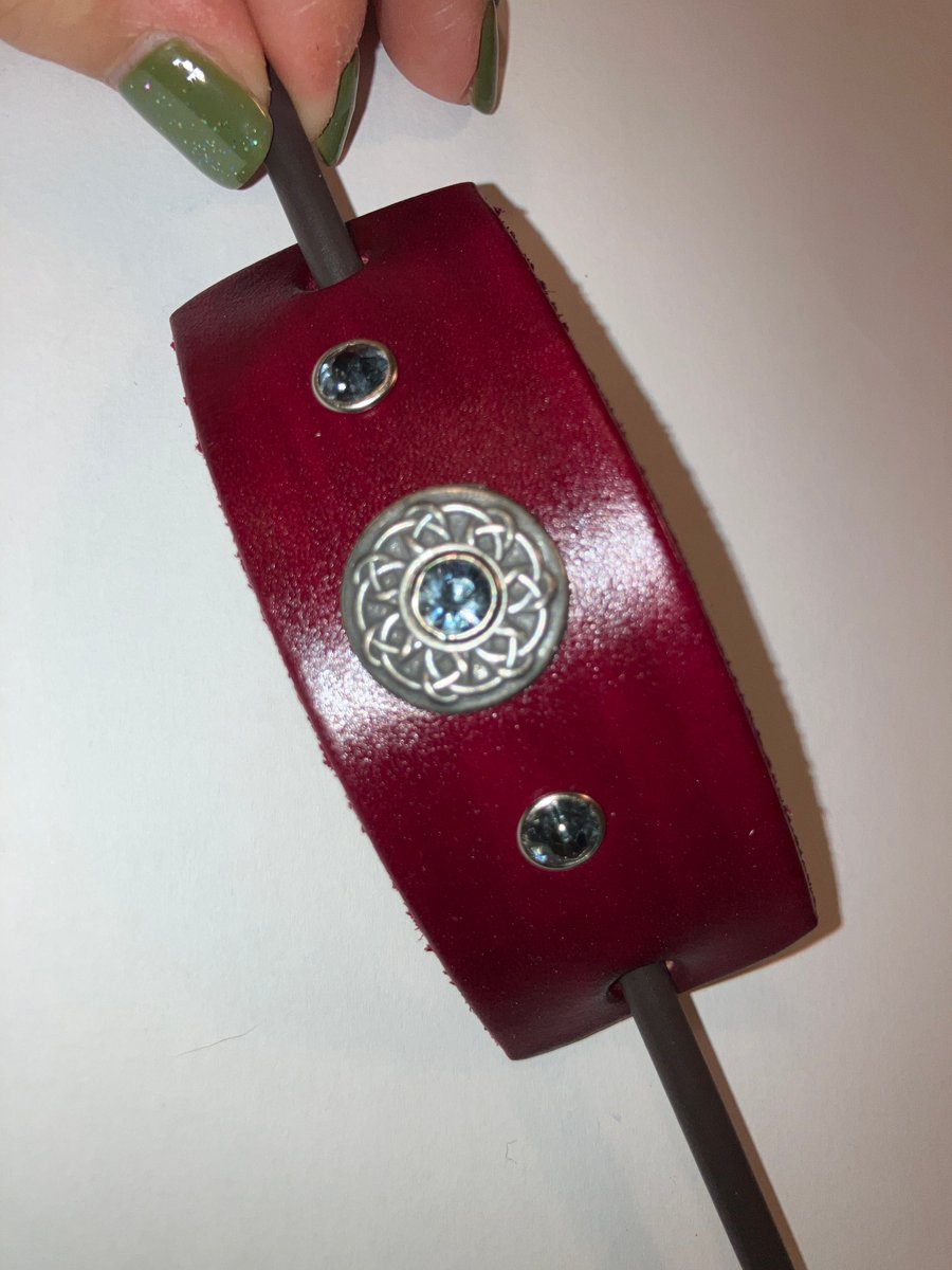 Dyed Red Leather HairStick Barrette W Celtic Knotwork Centre & Grey Gems