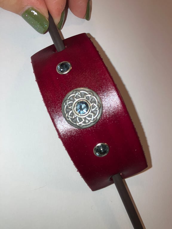 Dyed Red Leather HairStick Barrette W Celtic Knotwork Centre & Grey Gems