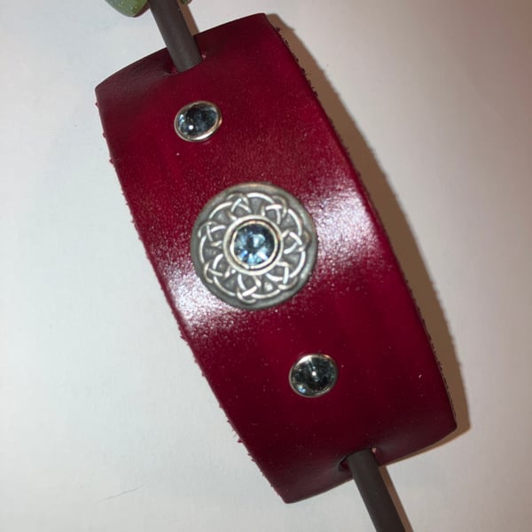 Dyed Red Leather HairStick Barrette W Celtic Knotwork Centre & Grey Gems