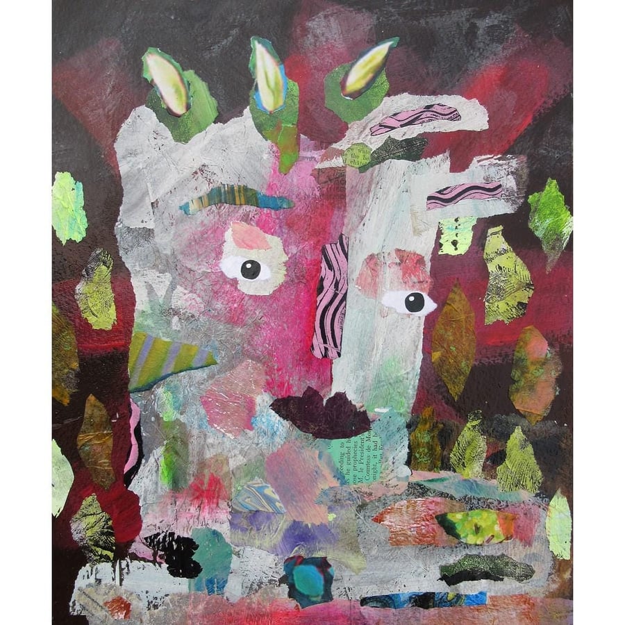 Weird Portrait Print Expressionist Pink Green Outsider Art Brut Abstract Face