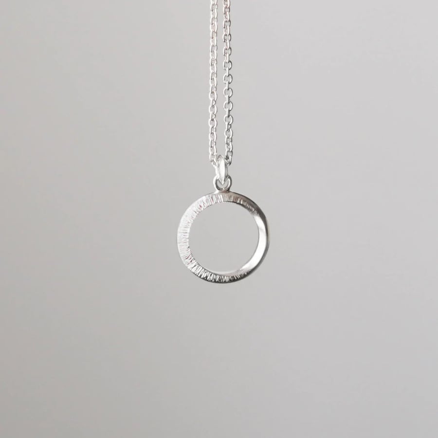 Crescent Moon Silver Circle Necklace, Sterling Silver, Hammered Texture