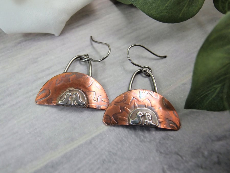 Earrings, Sterling Silver & Copper. Two Little Birds Droppers