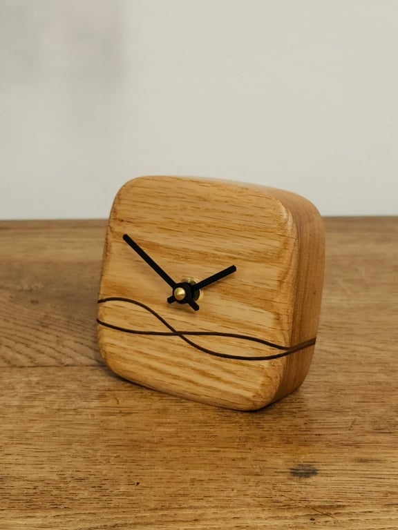 No. 105 Oak Desk Clock with Inlaid Wave Smooth Face and Black Hands