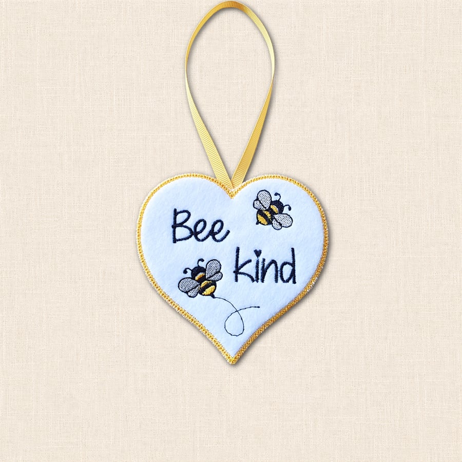 Bee Kind Heart Hanger - Embroidered Felt Hanging Decoration