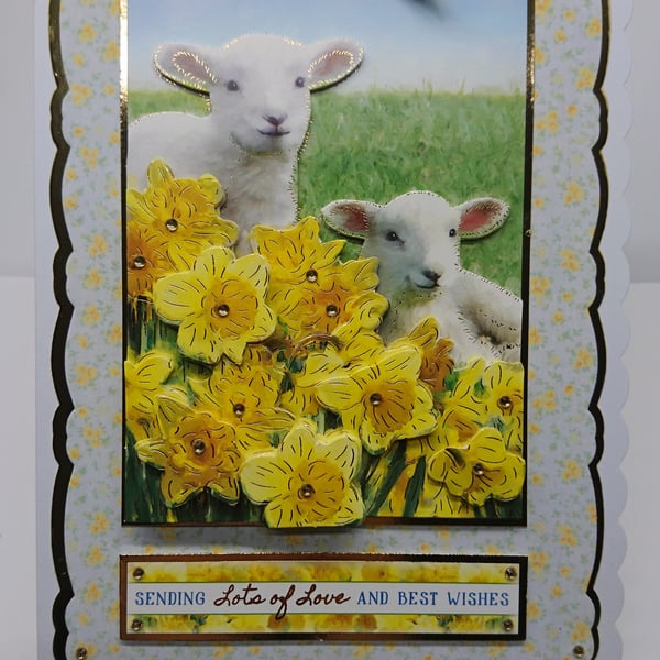 Handmade Card Birthday Easter Cute 3D Lambs Spring Daffodils Any Occasion