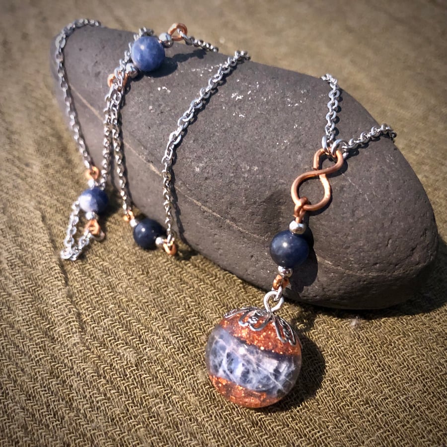 Crystal Energy Sphere Drop Pendant with Sodalite gemstones (& Infinity Symbol)