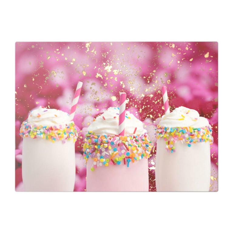 Creamy Milkshakes On Pink And Glitter Glass Chopping Board