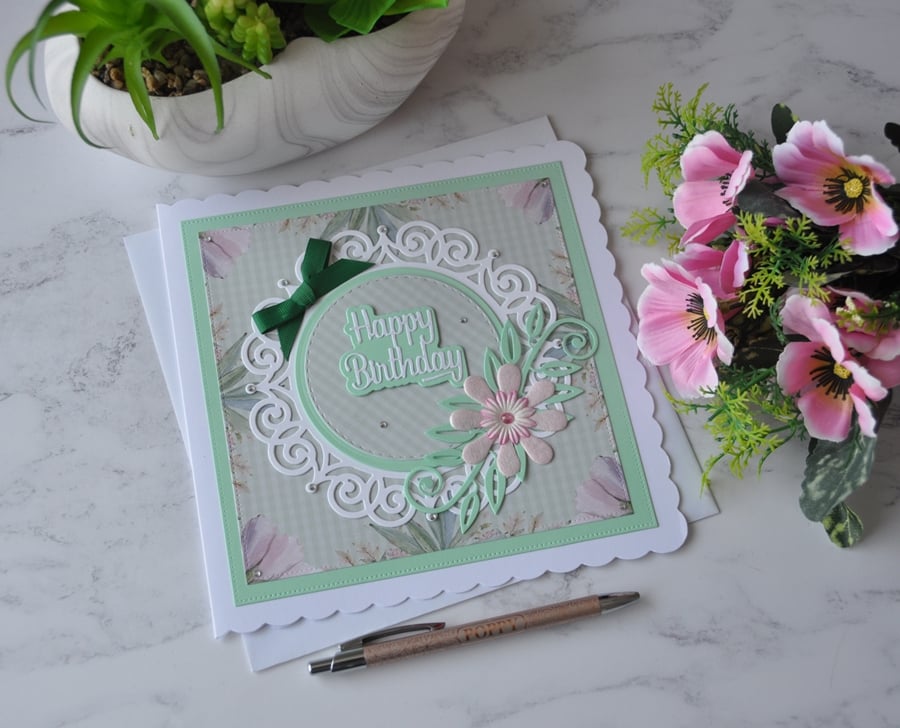 Happy Birthday Summer Green Pink Flower 3D Luxury Handmade Card