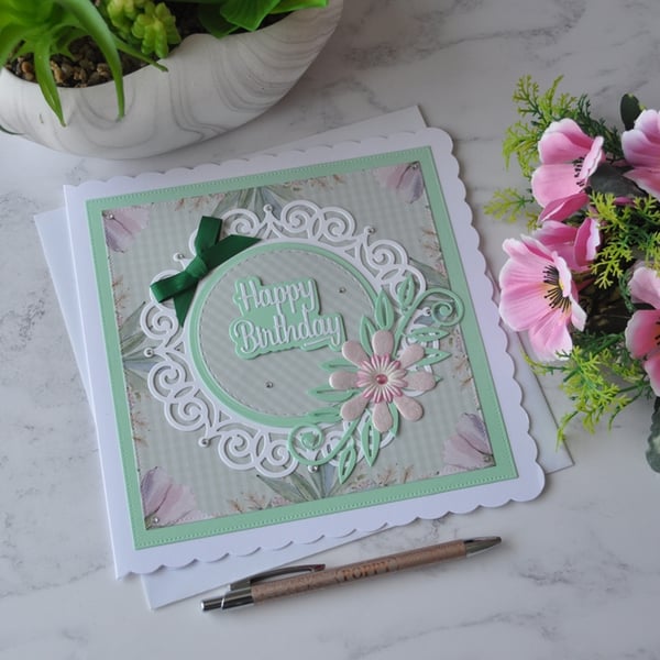 Happy Birthday Summer Green Pink Flower 3D Luxury Handmade Card