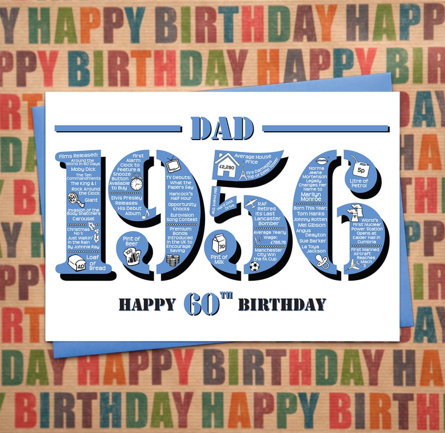 Happy 60th Birthday Dad Greetings Card - Year of Birth - Born in 1956 - Facts