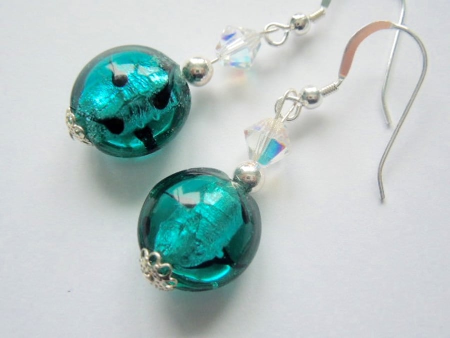 Murano glass earrings with green lentil beads Swarovski and sterling silver.