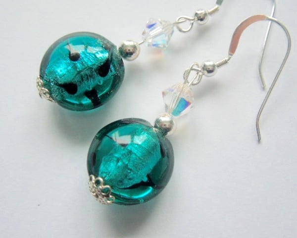 Murano glass earrings with green lentil beads Swarovski and sterling silver.