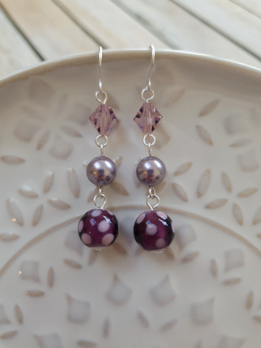 Purple Ceramic Spot Triple Stone Dangle Earrings With Swarovski Pearl