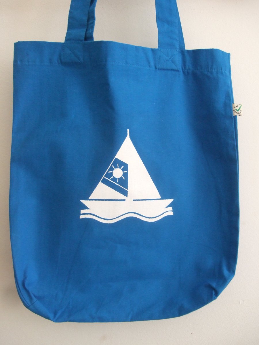 SALE Sail Boat print organic cotton printed tote bag bright blue