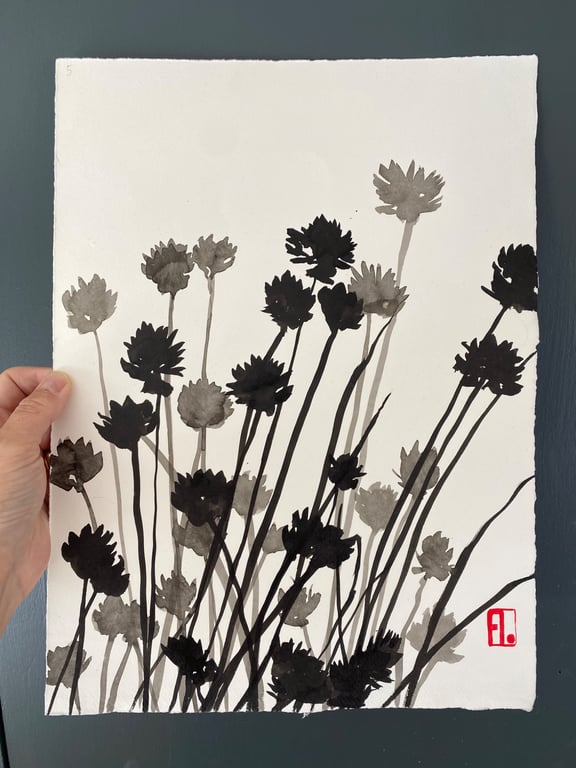 Botanical art, Garden Chives, shadow painting, original art, signed