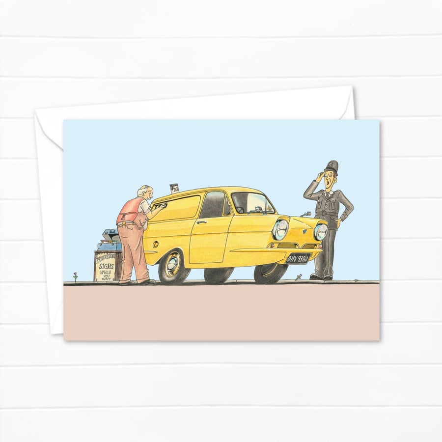 Three Wheeler Van Greeting Card: Nostalgic Cartoon Art (321)