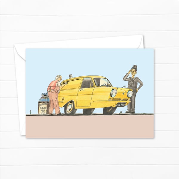 Three Wheeler Van Greeting Card: Nostalgic Cartoon Art (321)