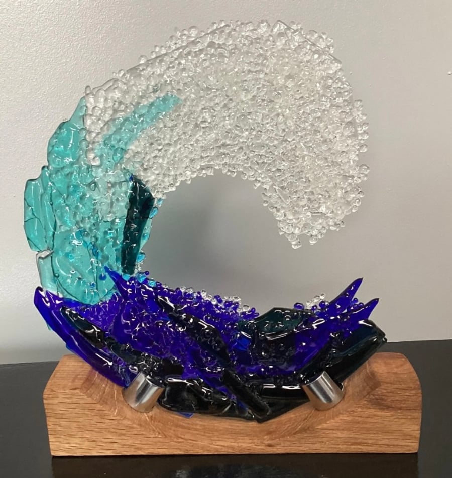 Beautiful Handcrafted Medium Fused Glass Wave Decor