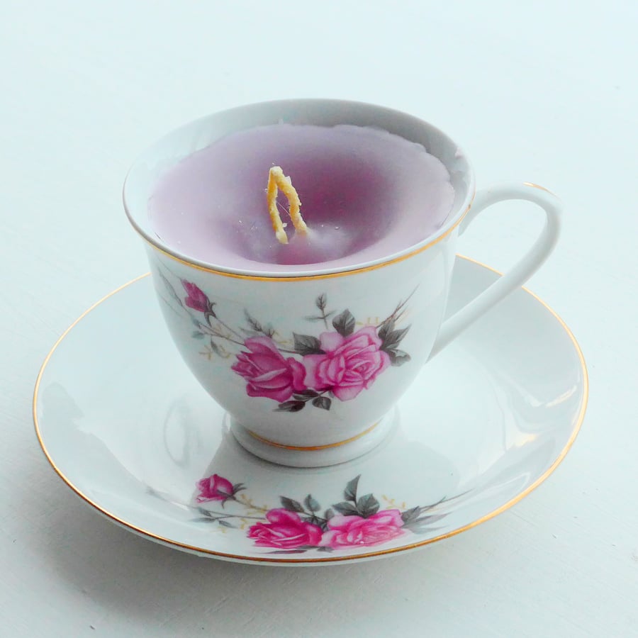 Vintage China Tea Cup Rose Candle with Saucer - UK Free Post