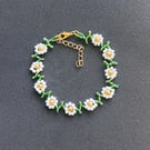White  Daisy bead ankle chain floral flower beaded boho green ditsy anklet women