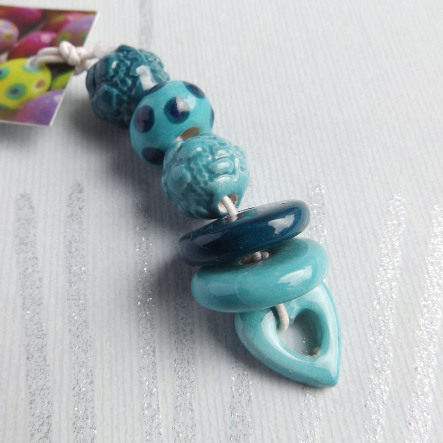  Handmade Turquoise and Blue Ceramic Bead Set with heart charm