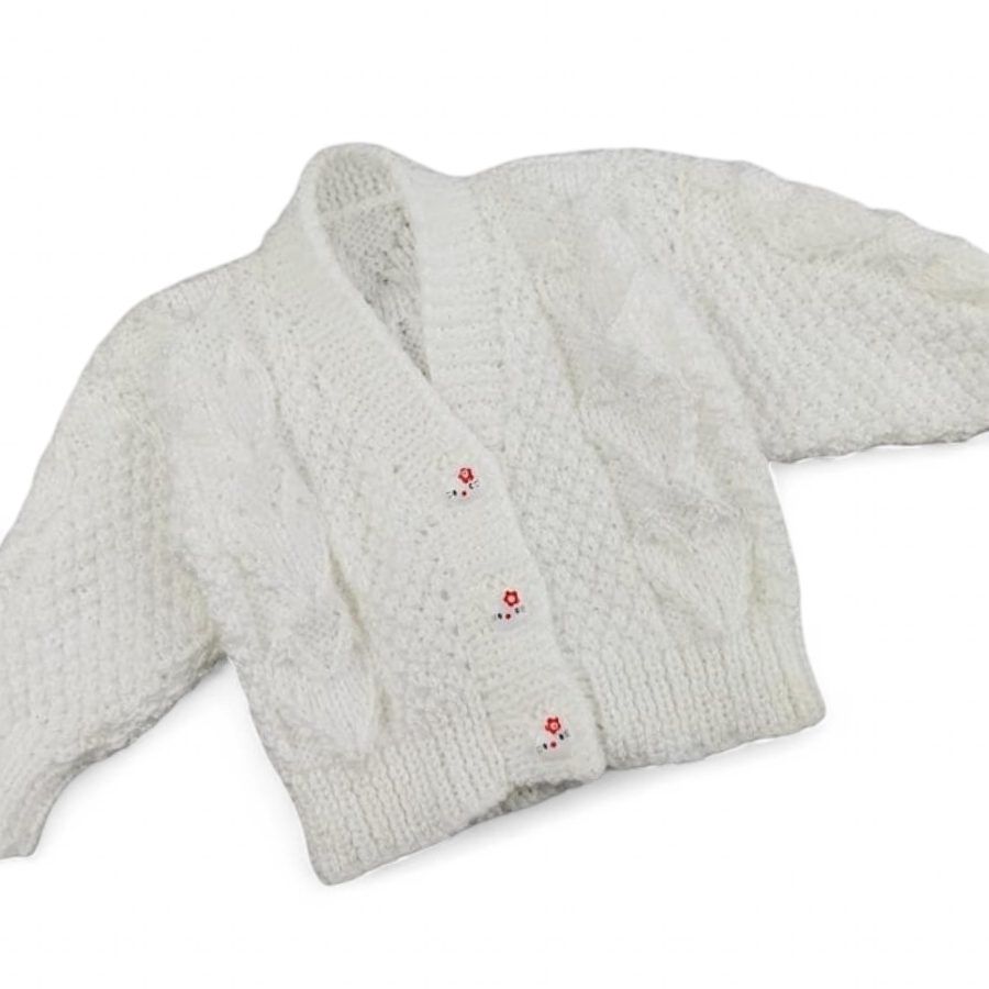 Hand-Knitted White Baby Cardigan 0-3 Months, Textured Hearts, Baby Shower Gift