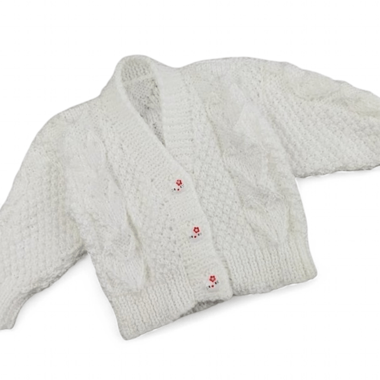 Hand-Knitted White Baby Cardigan 0-3 Months, Textured Hearts, Baby Shower Gift