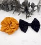 Black damask clip on bow and mustard yellow satin scrunchie.   - Image 8