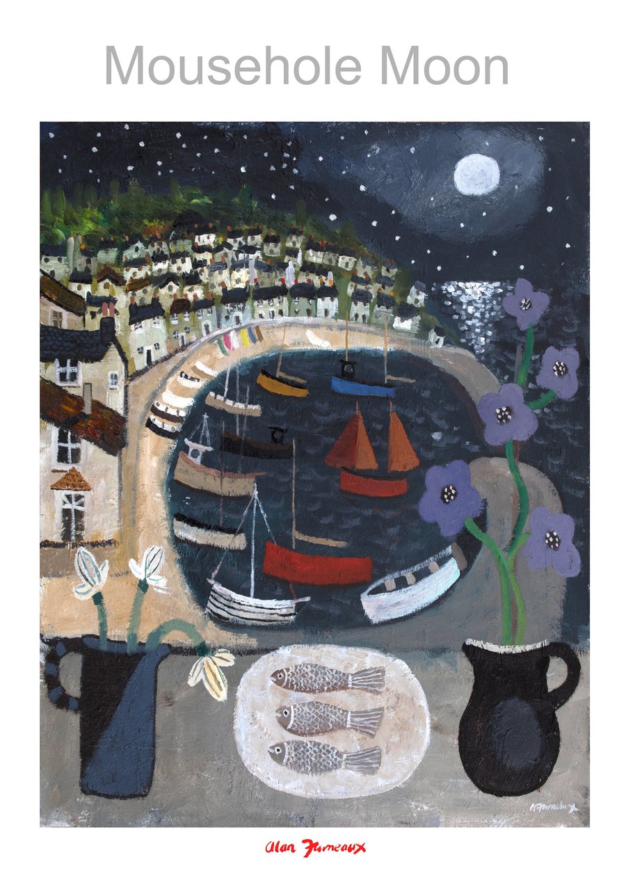 MOUSEHOLE MOON. Artist High Gloss Poster Print of Cornish Harbour A3 size