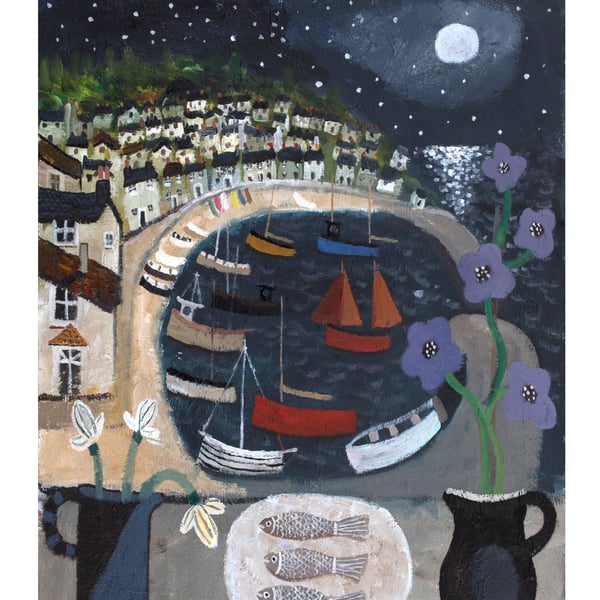 MOUSEHOLE MOON. Artist High Gloss Poster Print of Cornish Harbour A3 size