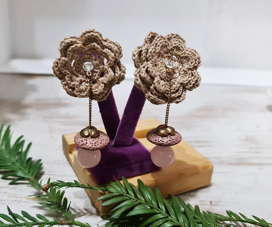 Hand crochet beige ribbon floral pearl beaded handmade earrings