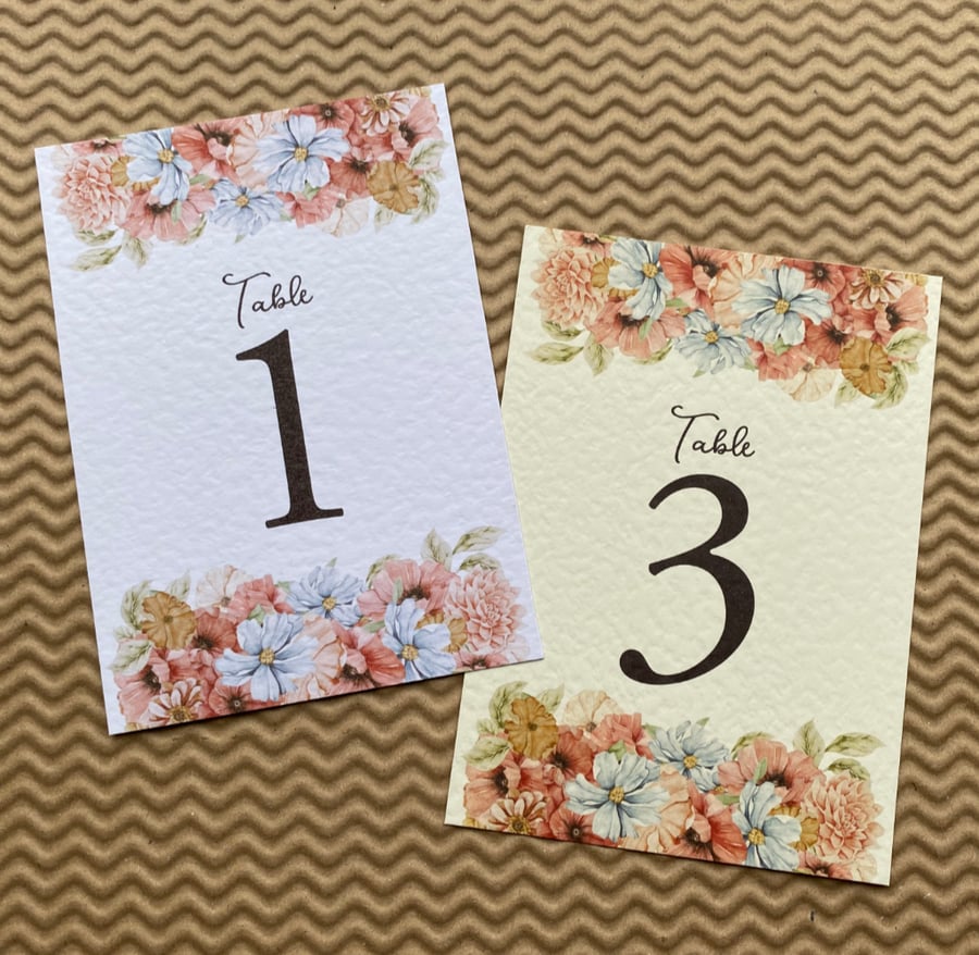 Coral pink TABLE NUMBERS blush blue flowers edge foliage rustic wedding card