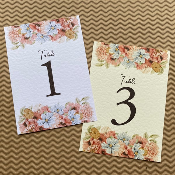 Coral pink TABLE NUMBERS blush blue flowers edge foliage rustic wedding card