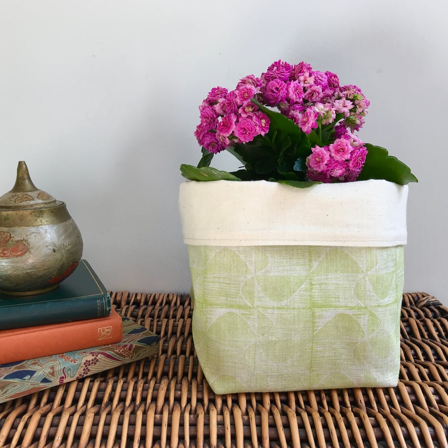 Hand Printed Linen Storage Basket, Textile Basket, Plant Pot - Chartreuse Green