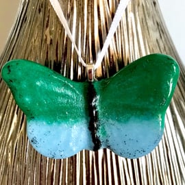 Green & Light Blue Glass Butterfly Hanging Decoration