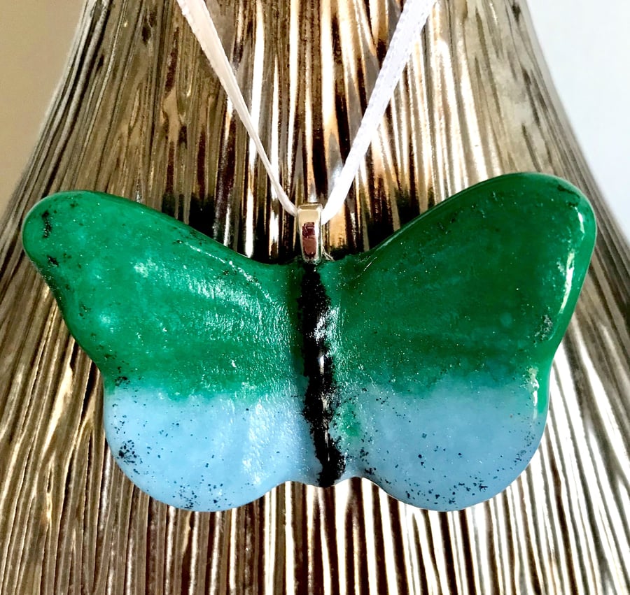 Green & Light Blue Glass Butterfly Hanging Decoration