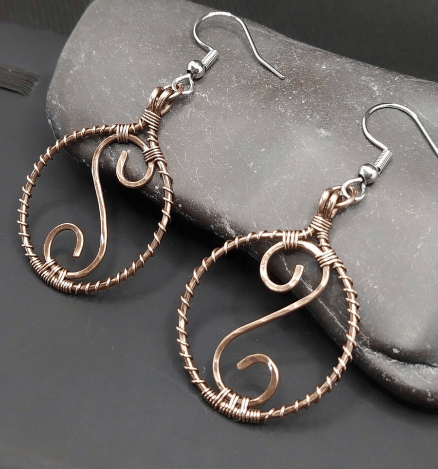 Round Swirly Oxidised Copper Earrings