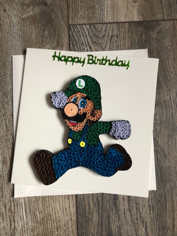 Handmade quilled Luigi birthday card